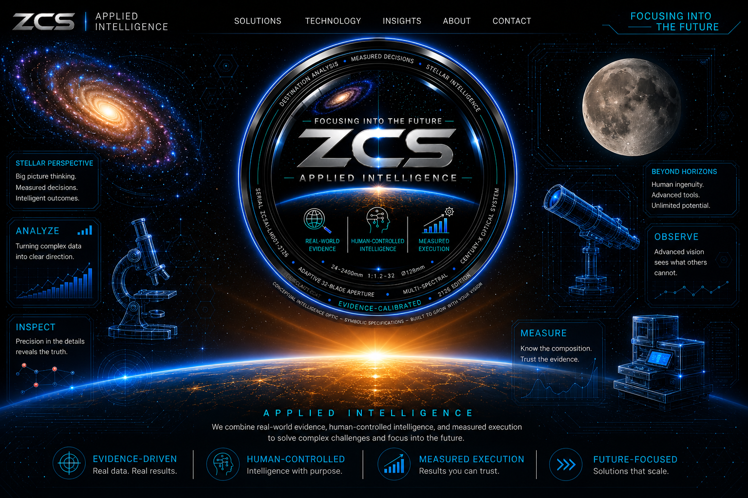 ZCS Applied Intelligence scientific-space visual showing the ZCS lens, Earth horizon, galaxy, Moon, microscope, telescope, evidence, human-controlled intelligence, and measured execution.